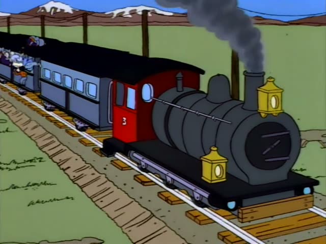 Homer and Apu, the latter with black hair, a green jacket and a large backpack, travel through the mountains and desert