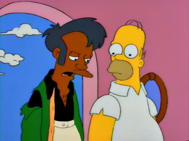 Apu and Homer stand together in front of a pink wall with a blue arched window showing white clouds