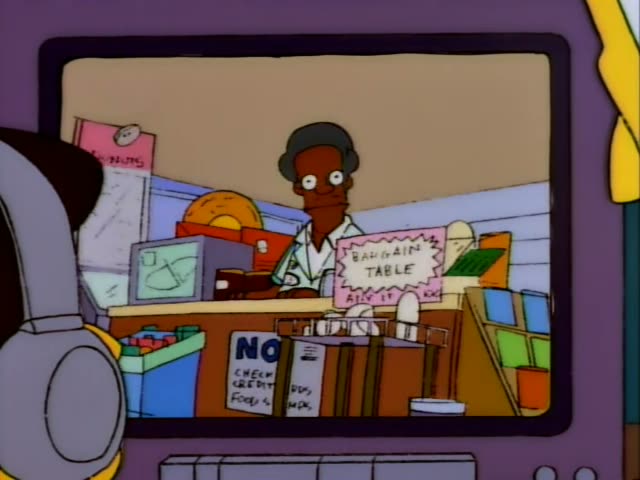 Apu stands behind the checkout counter beside a CASH sign while Homer comes to the counter