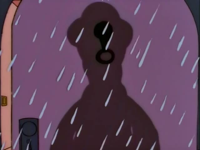 Homer and a man in a green jacket with black hair stand together at a rainy doorway, where a dark silhouette with a question…