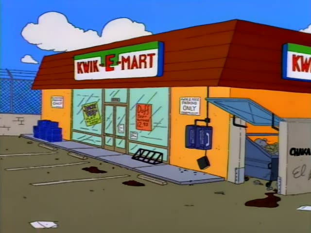 The scene opens outside the KWIK-E-MART store, with a Kwik-E-Mart sign over the storefront and a 'Park Pass Only' sign nearby