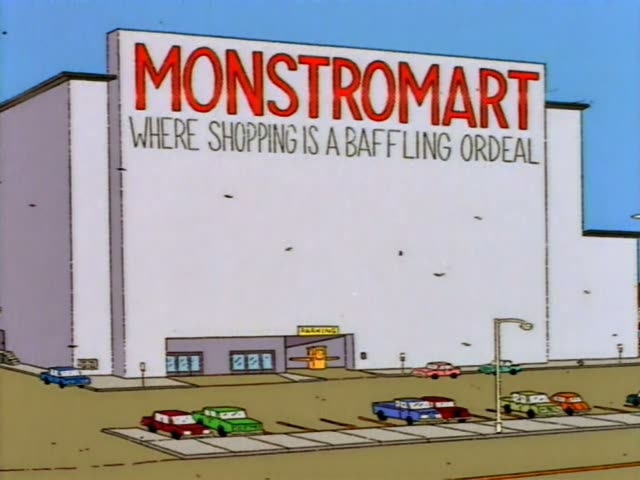 Marge Simpson pushes a shopping cart through the aisles of the Kwik-E-Mart, where Apu leans into the cart…