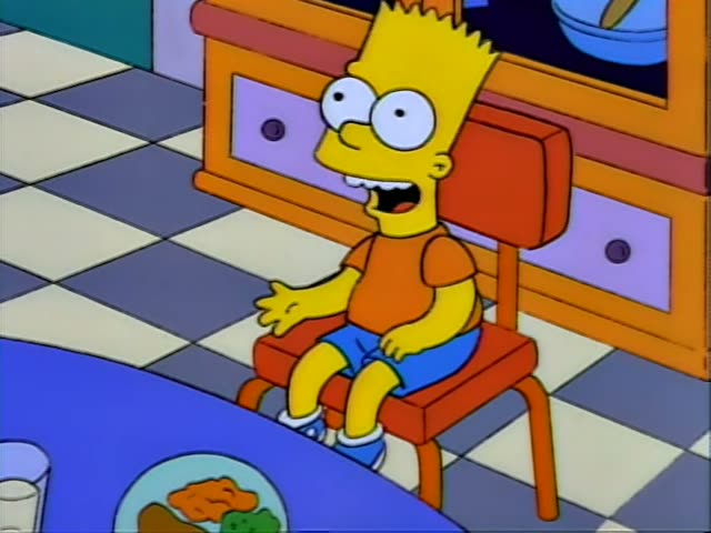 Bart Simpson sits on a small red chair at the blue kitchen table in the Simpson home, eyes shut and mouth open as he sits…