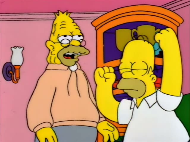 Grampa and Homer in a white shirt sit in a pink-walled living room