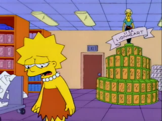 Lisa Simpson stands in a store aisle holding a crumpled paper, first looking dejected and then wincing with her eyes shut