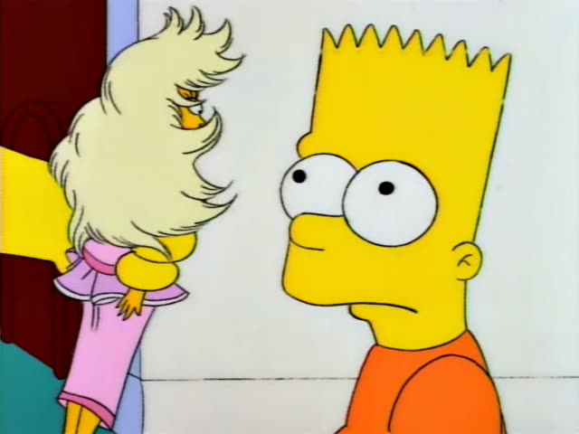 Lisa and Bart face off with a blonde doll in a pink dress with big teased hair