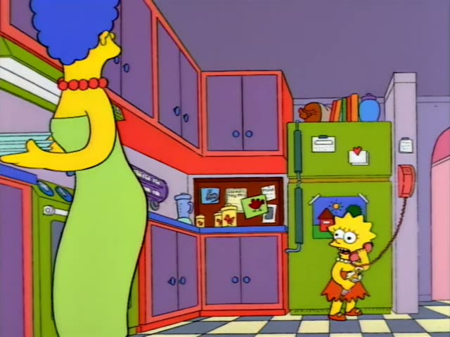 Marge and Lisa are in a kitchen with purple cabinets and a green refrigerator