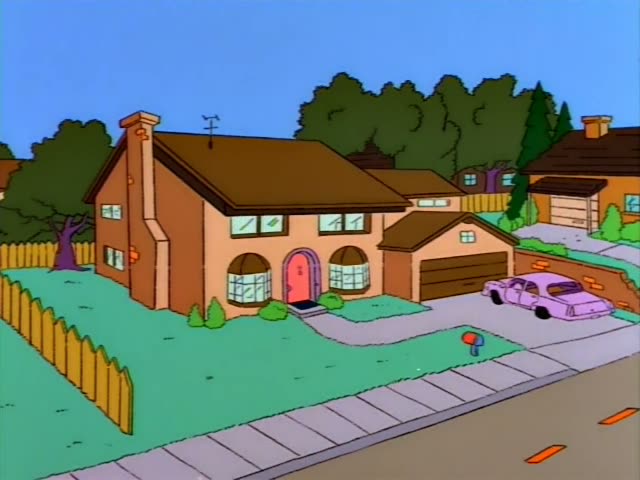 Grampa and Lisa lean with their chins in their hands on a blue countertop in a kitchen, while Homer stands behind them