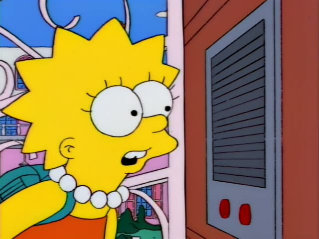 Lisa Simpson stands beside a window on a red brick wall, next to a grey louvered vent with two red buttons