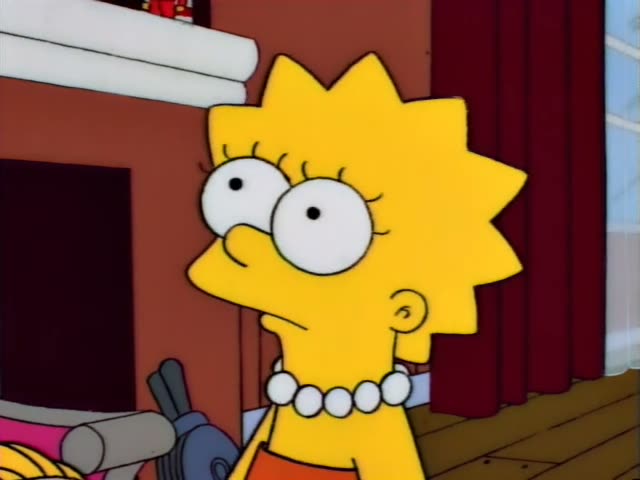 Lisa Simpson appears with a blonde woman in a tan jacket and green earring who sips from a glass with her eyes closed…