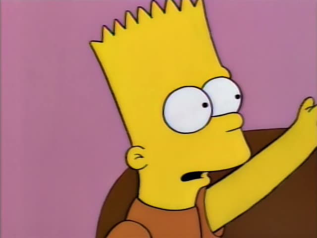 Bart Simpson sits on a brown couch against a pink wall, first looking startled with his mouth open and then holding a marker…