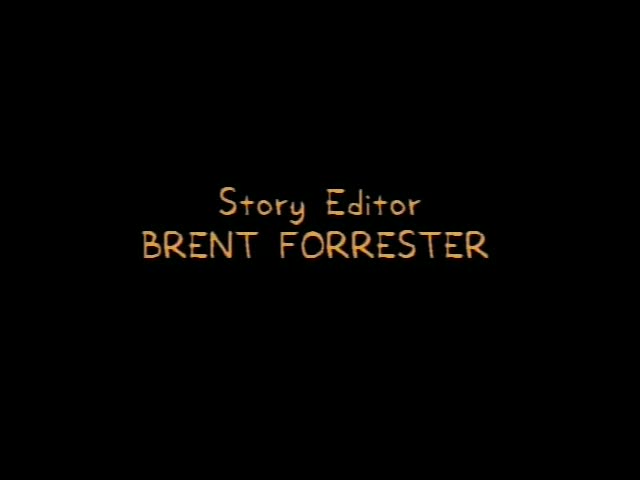No Simpsons characters appear in this moment; it is a black title card sequence of credits in orange lettering