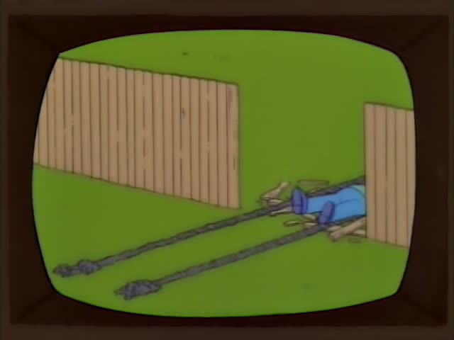 A blue-clad cartoon figure lies face-down in a grassy yard between two tan wooden fences, with its legs sprawled…