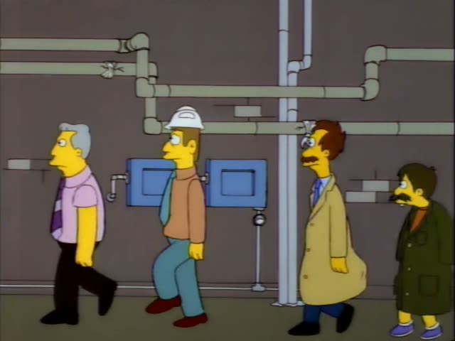 Homer walks along a pipe-lined corridor with three other men: a grey-haired man in a pink shirt and purple tie, a mustached…