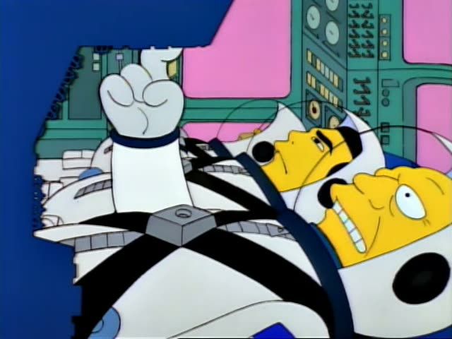 Homer lies strapped down in a cramped spacecraft cabin beside a black-moustached man in a white helmet, with Mr. Burns's…