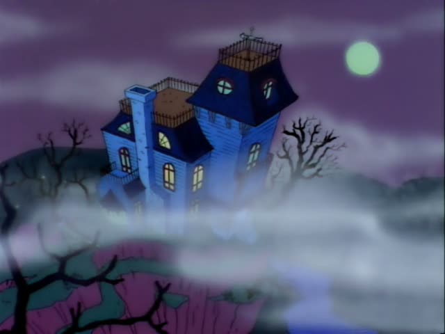 No regular characters are visible; the scene shows only the exterior of a large, dark-blue Victorian mansion with a widow's…