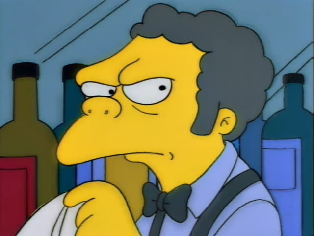 Moe grips the front of a green-sweatered man with a moustache and glasses, Ned Flanders, in a bar with bottles and red…