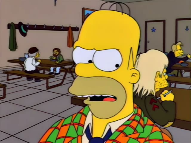 Homer scowls beside Grampa, who holds a cigarette, in a cafeteria with benches and a hook rack, while a curly-haired man…