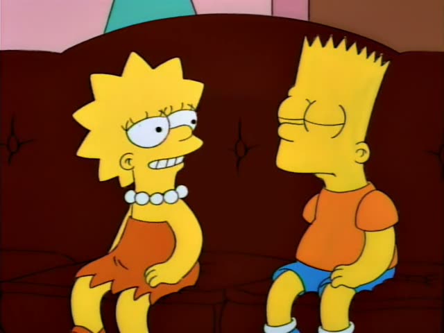 Lisa and Bart sit side by side on a dark red couch against a pink wall
