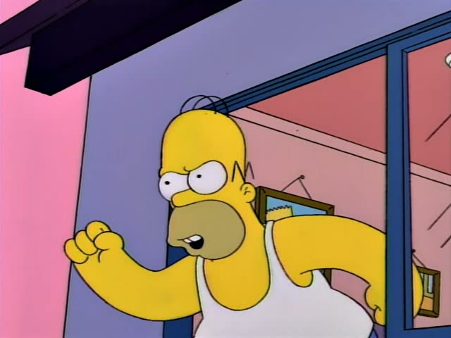 Homer leans out of an upstairs window of the house, first frowning with a hand on the sill, then flinging an arm outward…