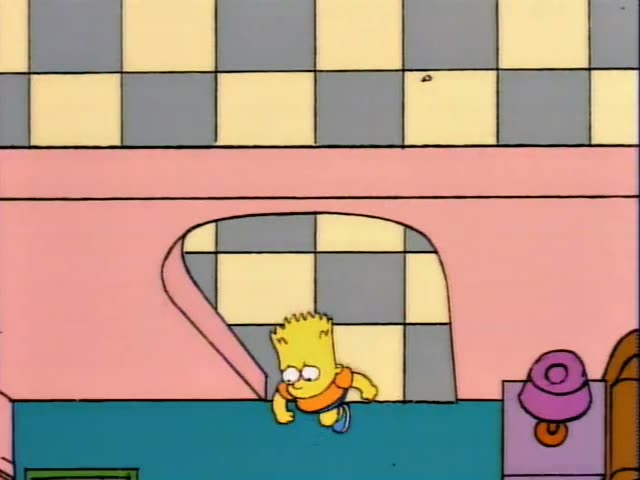 Bart sneaks along a pink wall, then grips a purple doorknob and peers around a brown door