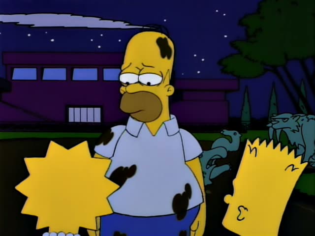 Homer stands at night in front of a purple building with lit windows, with Lisa's spiky star-shaped hair in the lower left…