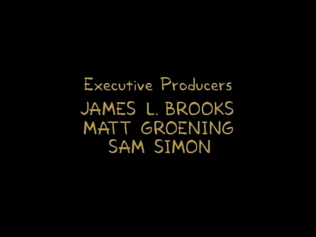 No Simpsons characters appear in this moment; it is a black title card sequence in the credits