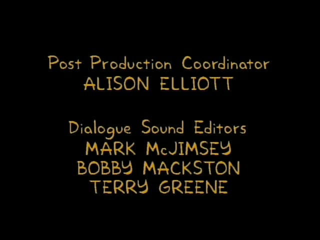 A black closing credits sequence with gold text on a plain black background