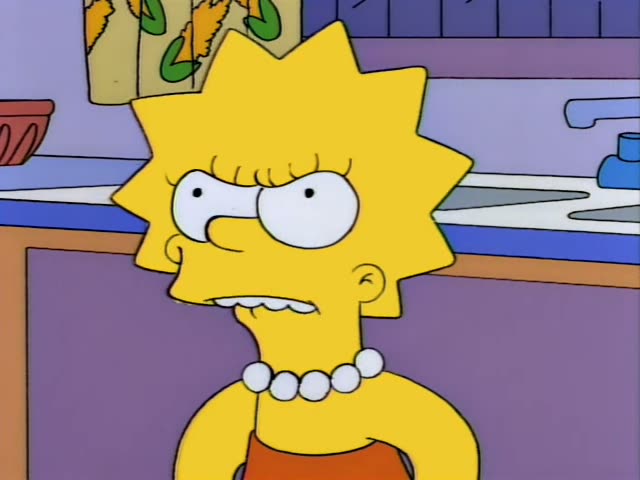 Lisa Simpson stands in a kitchen and scowls, grimaces with clenched teeth, then turns wide-eyed with her fists raised