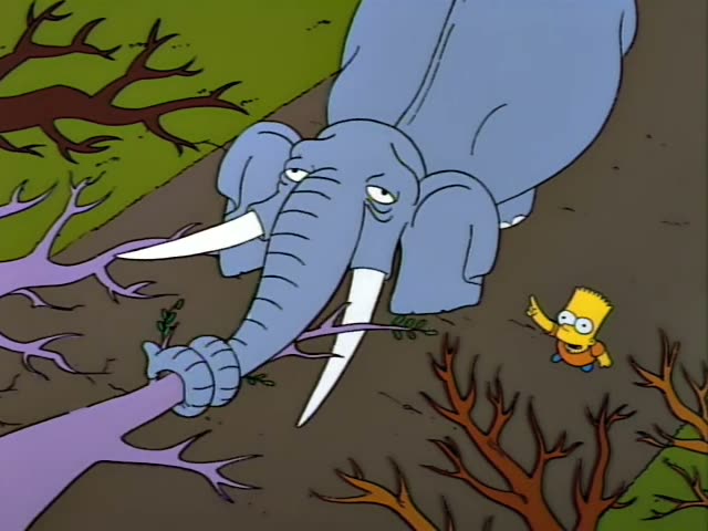 Bart points up at a large grey elephant that is stripping bark from a purple, branchless tree with its trunk while he stands…