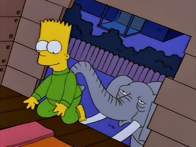 Bart kneels in a wall opening beside a grey elephant with a night view of a fence and trees outside, then crawls…