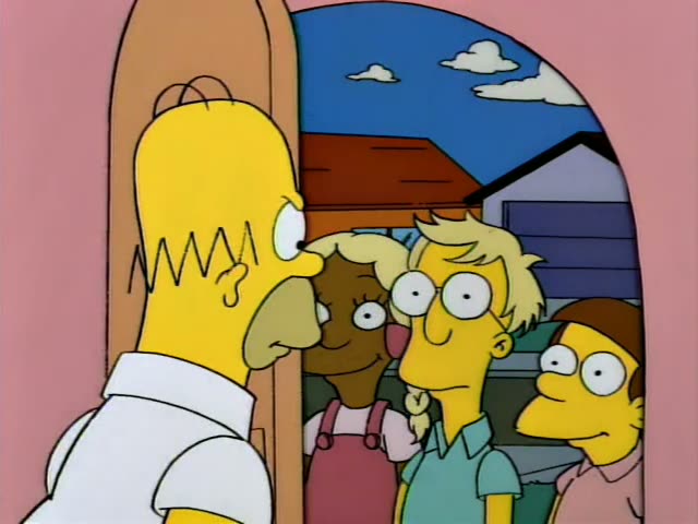 Homer Simpson stands in a pink arched doorway facing a group of children: a girl with braids in red overalls, a blond boy…