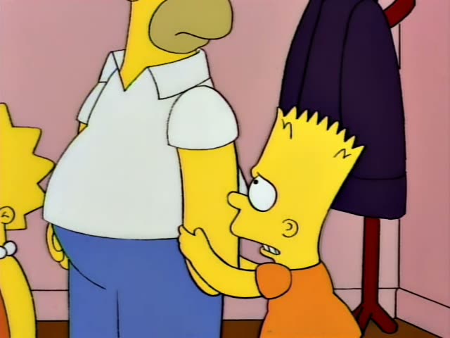 Homer, Bart and Lisa stand in a pink room with an arched doorway, a coat rack, and a teapot on a side table, facing…