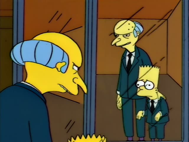 Mr. Burns and Bart stand in a mirrored corridor