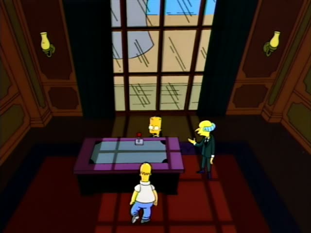 Homer stands by a purple-trimmed table in a grand room with a tall window, while Mr. Burns gestures toward Bart, who stands…
