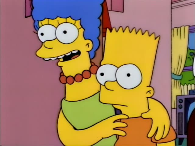 Marge Simpson hugs Bart Simpson, the spiky-haired boy in an orange shirt, from behind while holding him close in a pink room
