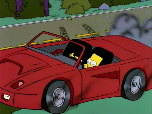 Bart Simpson is driven along a suburban road lined with bushes and tire tracks behind him