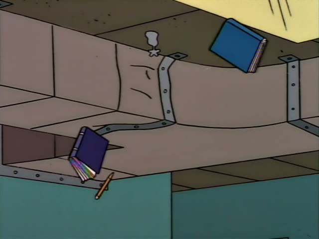 Mrs. Krabappel stands smoking in a school hallway lined with lockers, next to a bespectacled woman in a white blouse…
