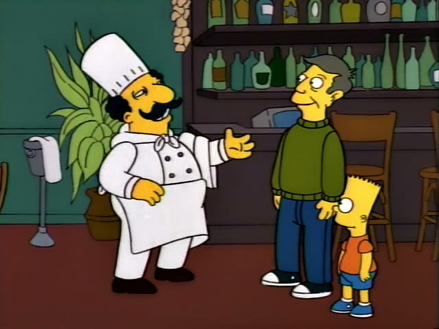 Bart Simpson in his orange shirt and blue shorts walks into a green-walled Italian restaurant with a grey-haired man…