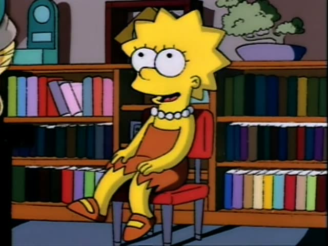 Lisa Simpson sits on a small red chair in a book-lined library, eyes closed and laughing with her pearl necklace…
