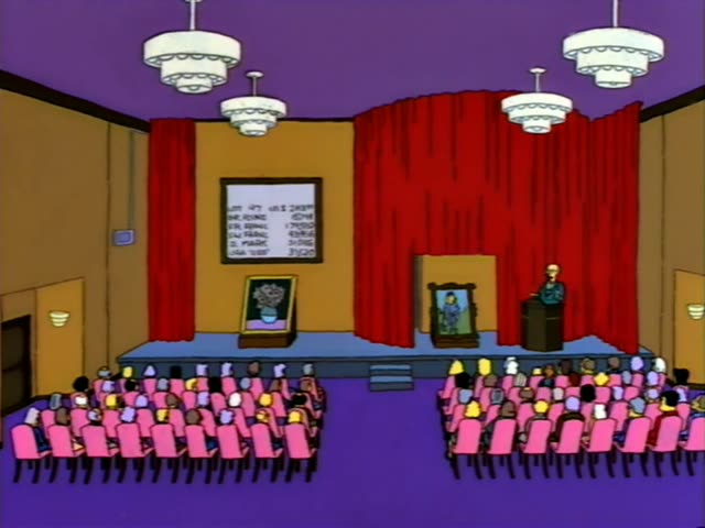 Bart sits in the lower left foreground of a crowded auction hall, while a grey-haired auctioneer in a blue suit, green vest…