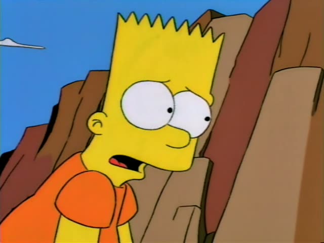 Bart Simpson first looks up nervously against a backdrop of red rock cliffs, then a man in a blue suit and red tie grips…