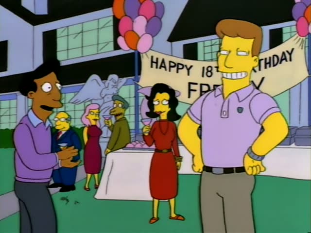 Carl chats with Mr. Burns, a frail, stooped old man in a blue suit, while Ned Flanders in a green sweater stands by a buffet…