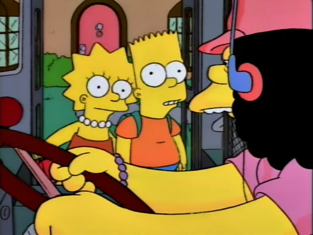 Bart and Lisa stand by the driver's seat of a bus while Otto headphones and a pink shirt, grips the steering wheel