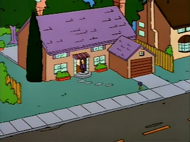 A figure in a dark outfit stands at the doorway of a purple-roofed house on a quiet street, then the scene shifts…