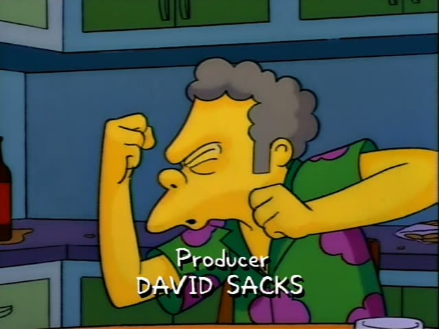 Moe sits at his bar, first clenching a fist and gritting his teeth, then resting his chin on his hands with a scowl…