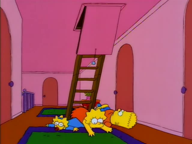 Bart, Lisa and Maggie Simpson start sprawled on a rug beneath an open attic hatch with a wooden ladder, then Maggie lights…