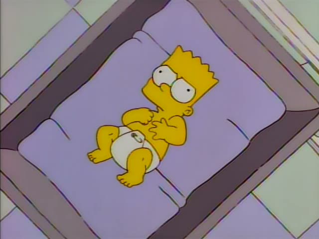 Bart Simpson lies on his back on a lavender bed wearing only a white diaper with a pin, his hands clasped over his chest