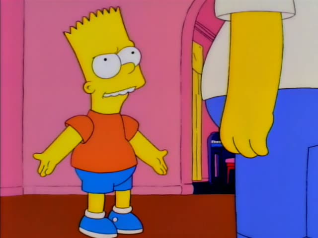 Bart Simpson stands in a pink room facing a large figure in a white shirt and blue pants whose arm dominates the right edge…