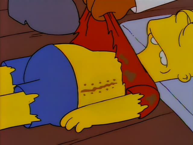 A yellow-skinned figure lies on a wooden table in a log-walled room, wearing a torn red shirt and blue pants…